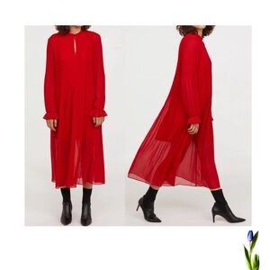 H&M Red pleated Chiffon Midi Dress size 4